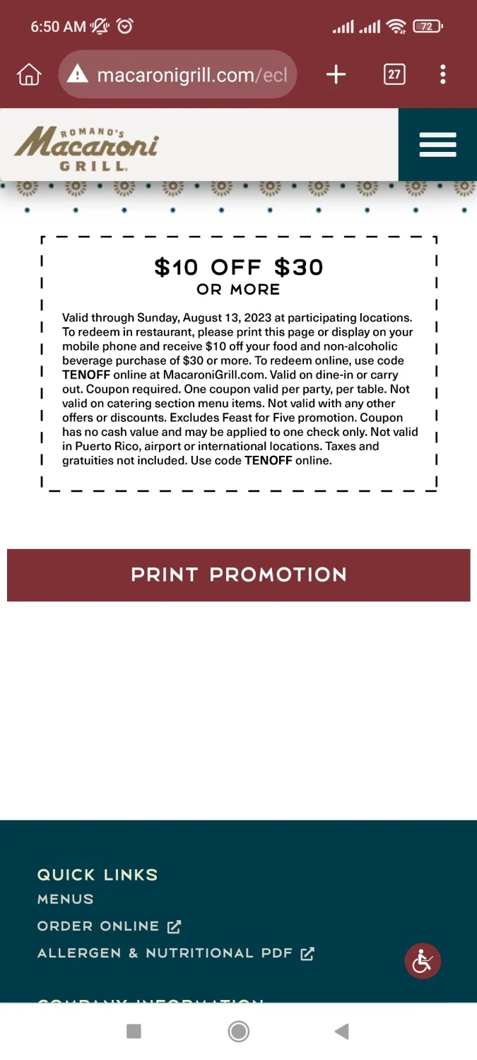 Romano's Macaroni Grill checkout page showing Romano's Macaroni Grill promo code box | Screenshot taken by SimplyCodes community member on Aug 15, 2023