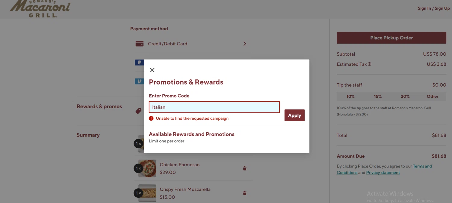 Romano's Macaroni Grill promo code screenshot showing code italian applied at Romano's Macaroni Grill checkout page. Uploaded by SimplyCodes community member Lioniel on Feb 4, 2025