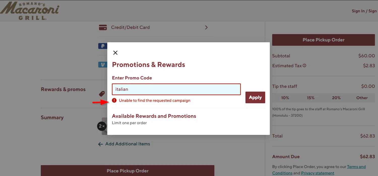 Romano's Macaroni Grill promo code screenshot showing code italian applied at Romano's Macaroni Grill checkout page. Uploaded by SimplyCodes community member SimplyCVerlie on Feb 24, 2025