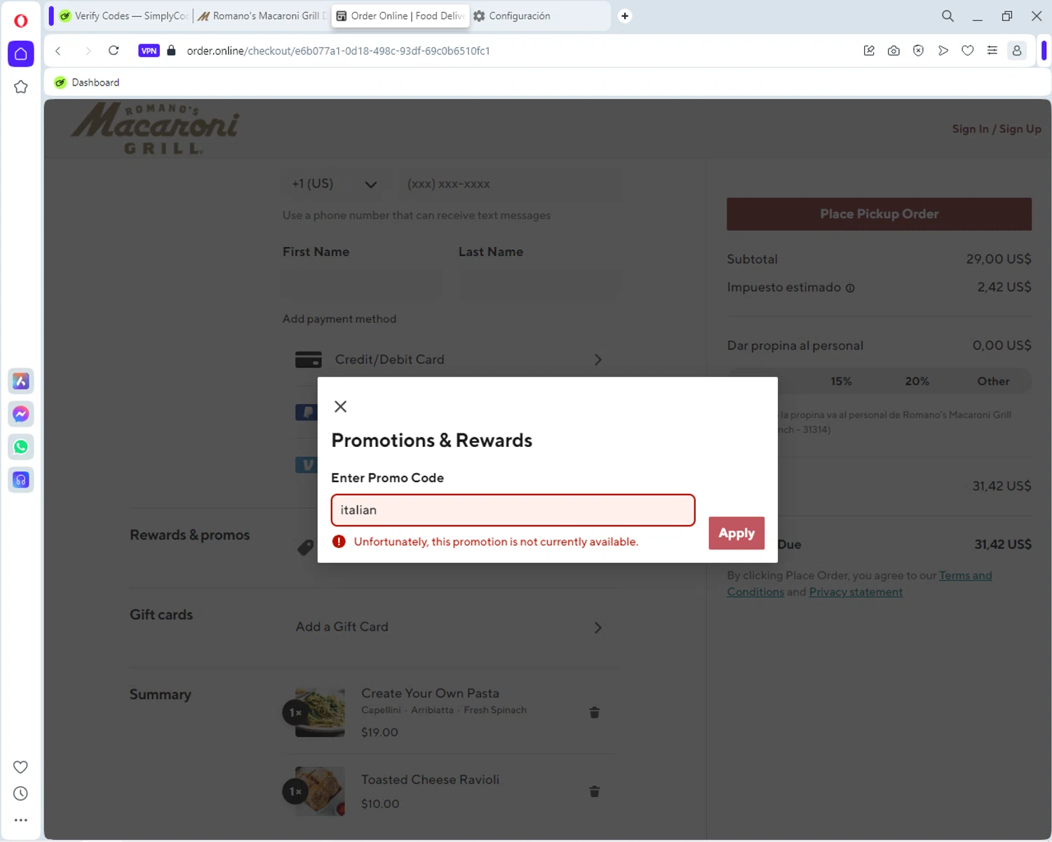 Romano's Macaroni Grill checkout page showing Romano's Macaroni Grill promo code box | Screenshot taken by SimplyCodes community member on Sep 8, 2024
