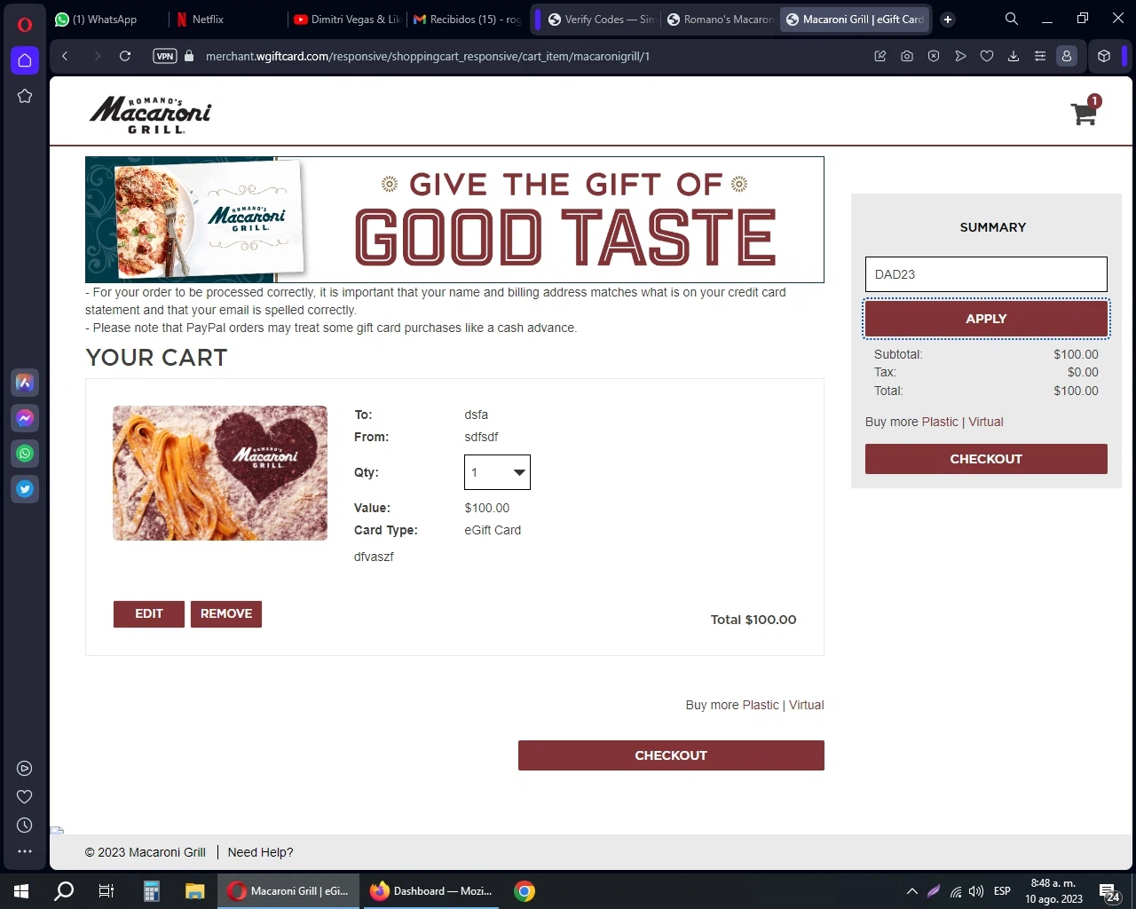 Romano's Macaroni Grill checkout page showing Romano's Macaroni Grill promo code box | Screenshot taken by SimplyCodes community member on Aug 10, 2023