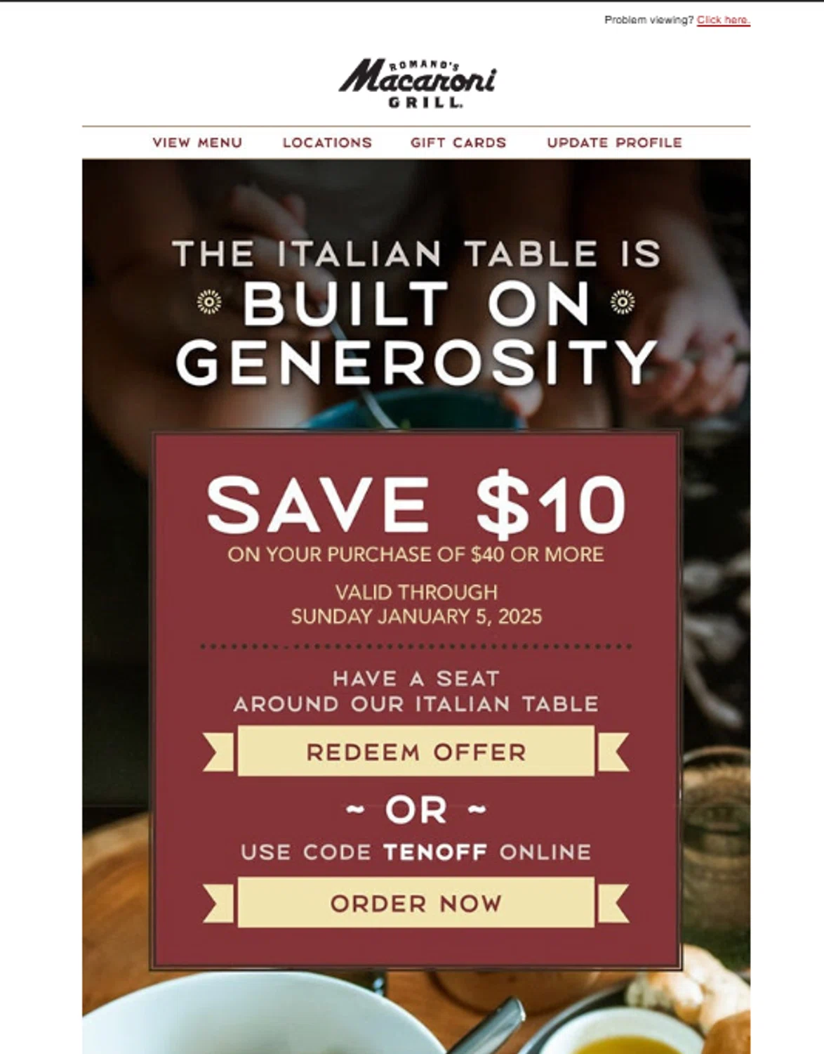 Romano's Macaroni Grill promo code screenshot showing code TENOFF applied at Romano's Macaroni Grill checkout page. Uploaded by SimplyCodes community member ______________ on Jan 4, 2025