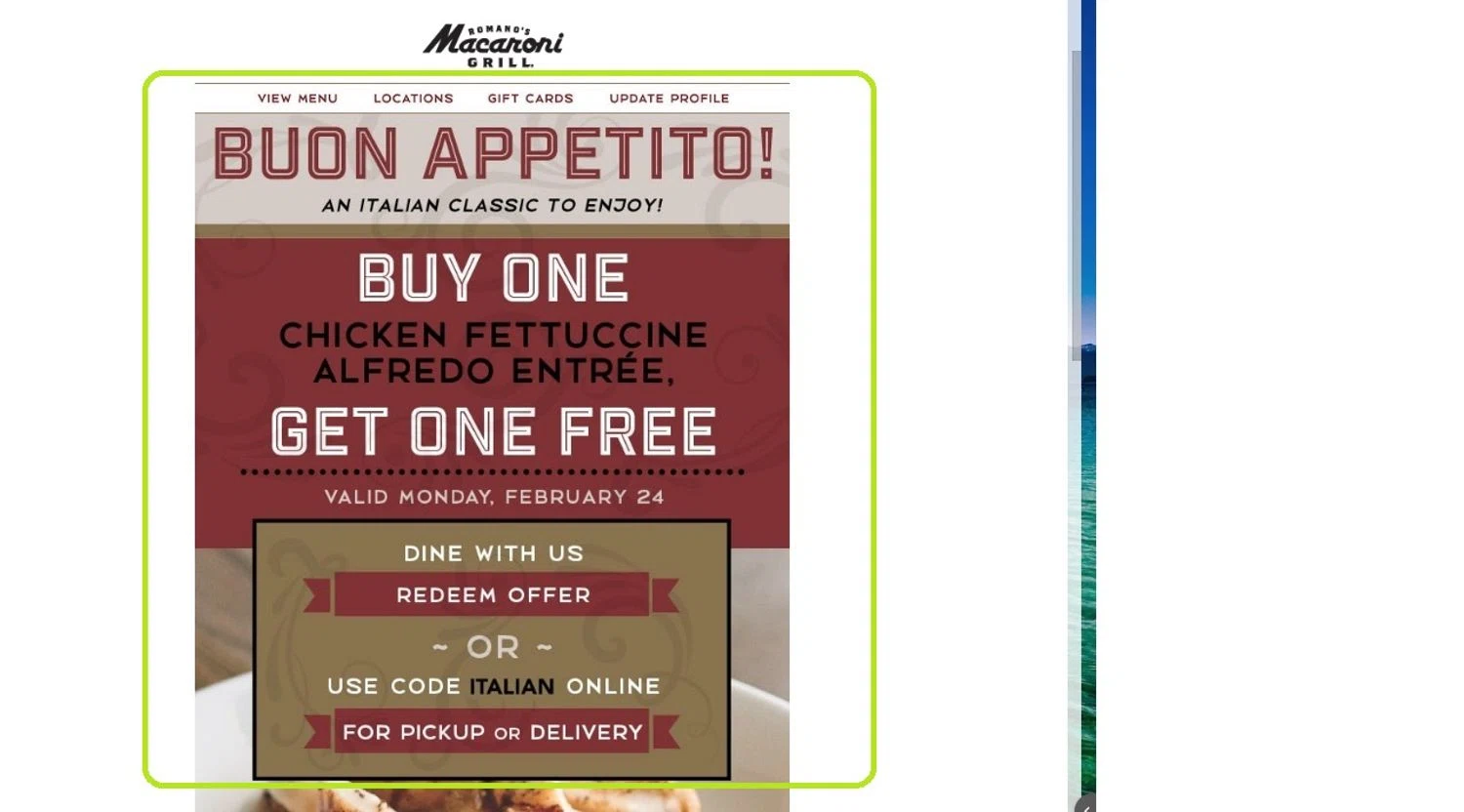 Romano's Macaroni Grill promo code screenshot showing code ITALIAN applied at Romano's Macaroni Grill checkout page. Uploaded by SimplyCodes community member jesuspromo37 on Feb 24, 2025