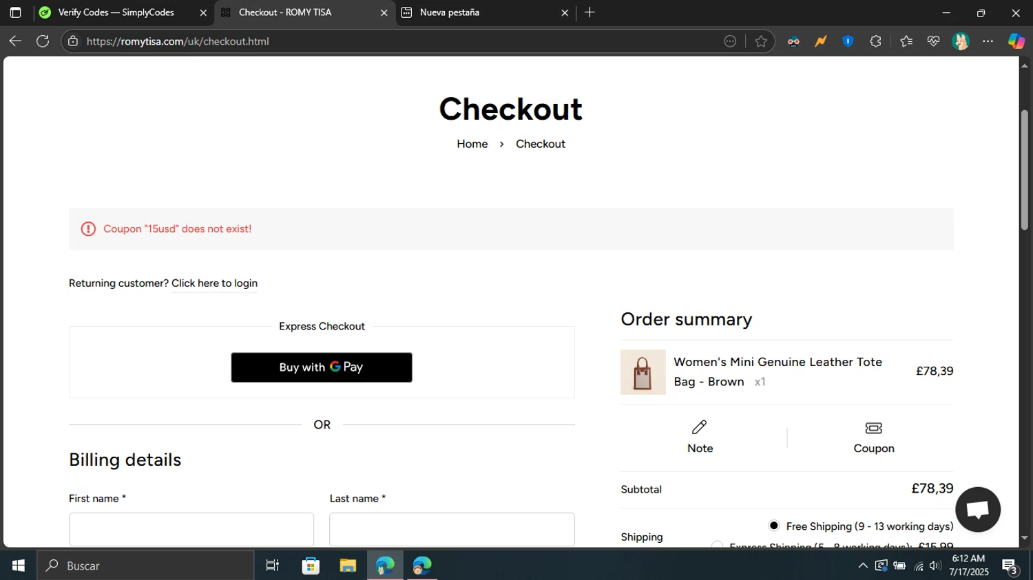 Romy Tisa promo code screenshot showing code 15USD applied at Romy Tisa checkout page. Uploaded by SimplyCodes community member Don_Quixote on Jul 17, 2025