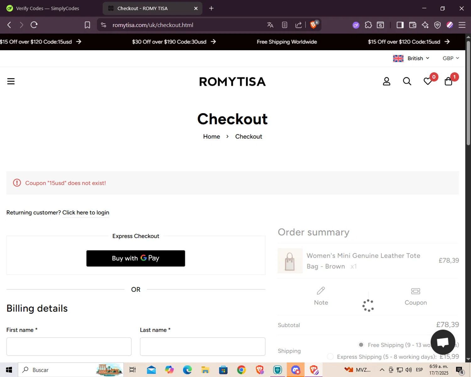 Romy Tisa promo code screenshot showing code 15USD applied at Romy Tisa checkout page. Uploaded by SimplyCodes community member Juan2715 on Jul 17, 2025