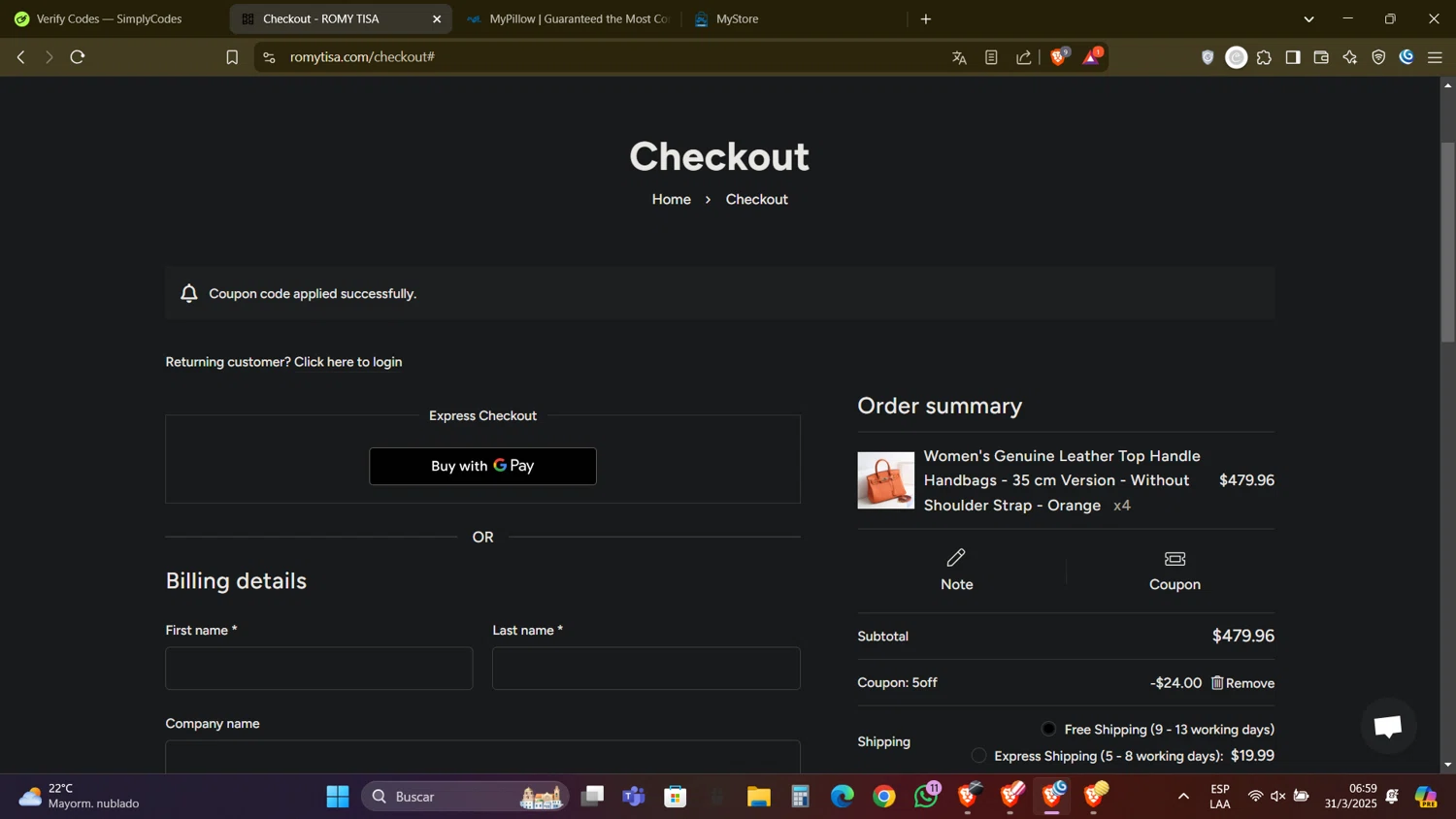 Romy Tisa promo code screenshot showing code 5off applied at Romy Tisa checkout page. Uploaded by SimplyCodes community member DealAdmiral5466 on Mar 31, 2025
