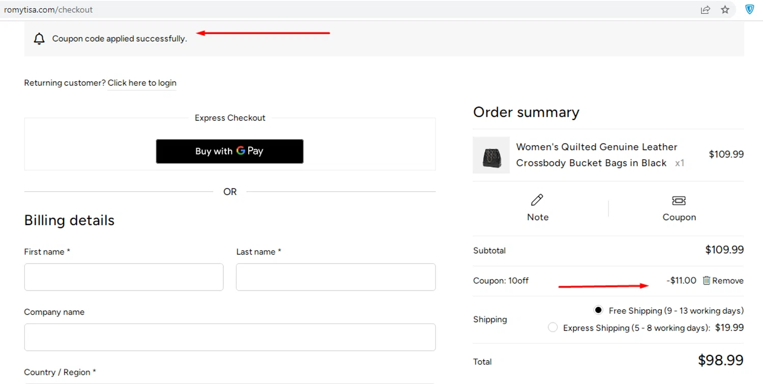 Romy Tisa promo code screenshot showing code 10OFF applied at Romy Tisa checkout page. Uploaded by SimplyCodes community member EMILIANOMASABE on Apr 30, 2025