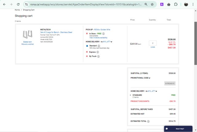 RONA checkout page showing RONA promo code box | Screenshot taken by SimplyCodes community member on Aug 3, 2024