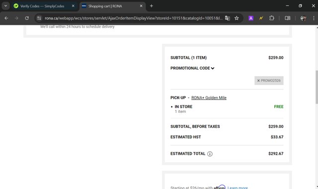RONA checkout page showing RONA promo code box | Screenshot taken by SimplyCodes community member on Jul 25, 2024