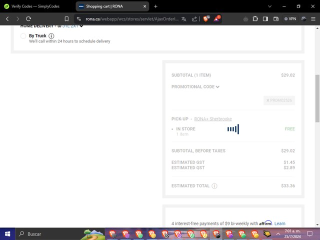RONA checkout page showing RONA promo code box | Screenshot taken by SimplyCodes community member on Jul 25, 2024