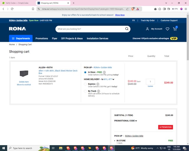 RONA checkout page showing RONA promo code box | Screenshot taken by SimplyCodes community member on Jul 25, 2024