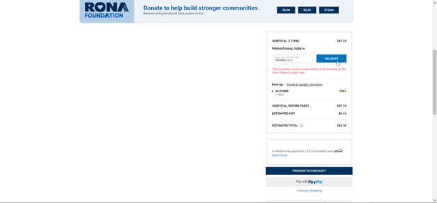 RONA checkout page showing RONA promo code box | Screenshot taken by SimplyCodes community member on Sep 23, 2024