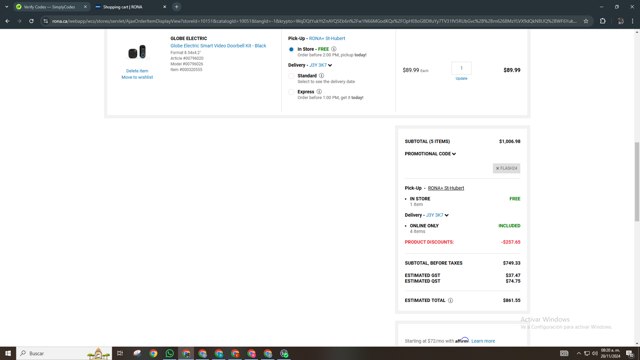 RONA checkout page showing RONA promo code box | Screenshot taken by SimplyCodes community member on Nov 20, 2024
