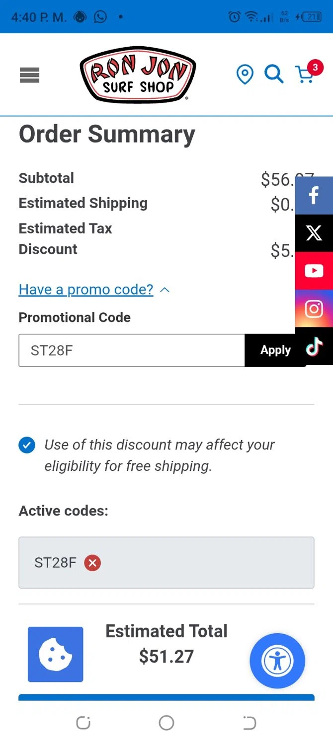 Ron Jon Surf Shop promo code screenshot showing code ST28F applied at Ron Jon Surf Shop checkout page. Uploaded by SimplyCodes community member CoinBoss7109 on Oct 13, 2025