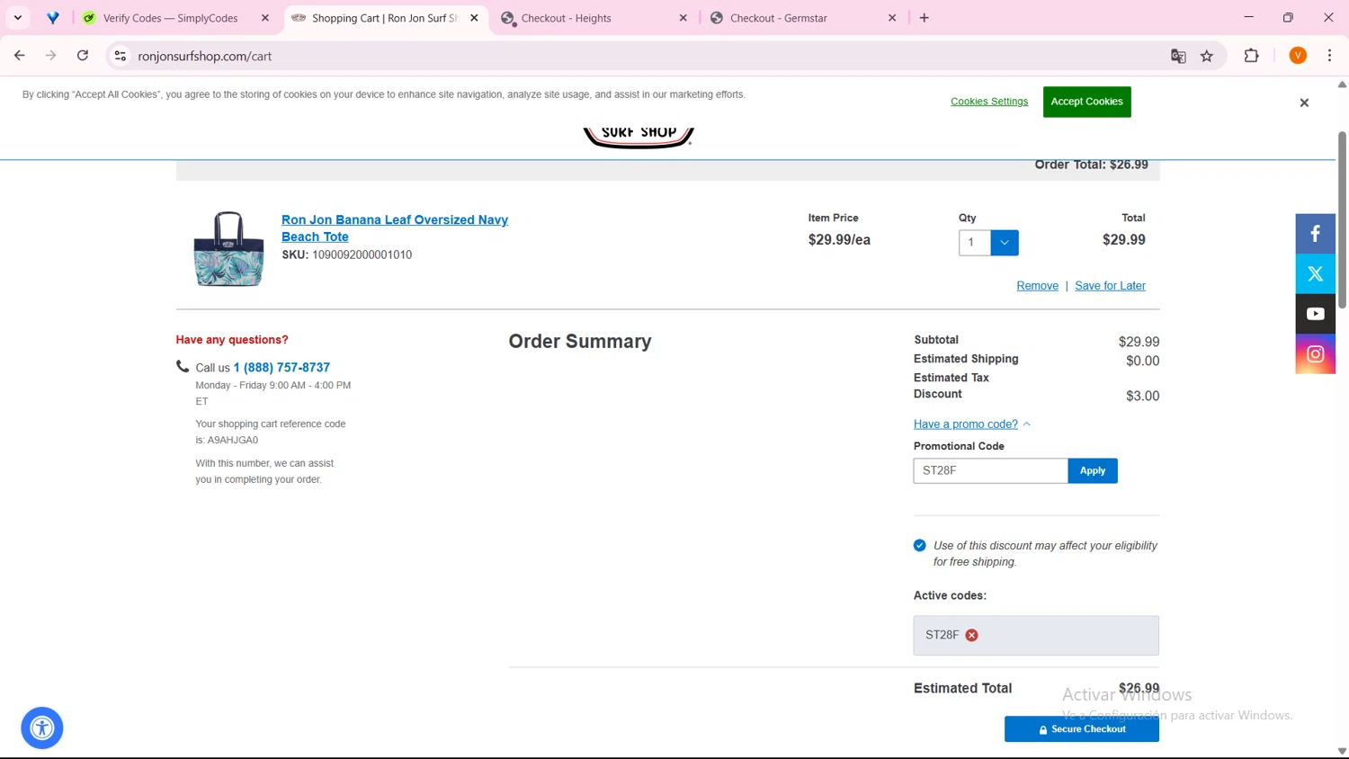Ron Jon Surf Shop promo code screenshot showing code ST28F applied at Ron Jon Surf Shop checkout page. Uploaded by SimplyCodes community member FortunateFinder9465 on Apr 18, 2025
