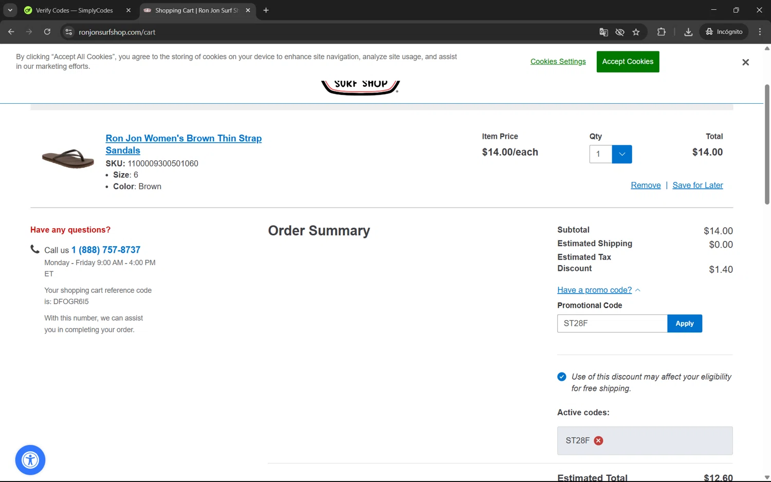 Ron Jon Surf Shop promo code screenshot showing code ST28F applied at Ron Jon Surf Shop checkout page. Uploaded by SimplyCodes community member juan1702 on May 6, 2025