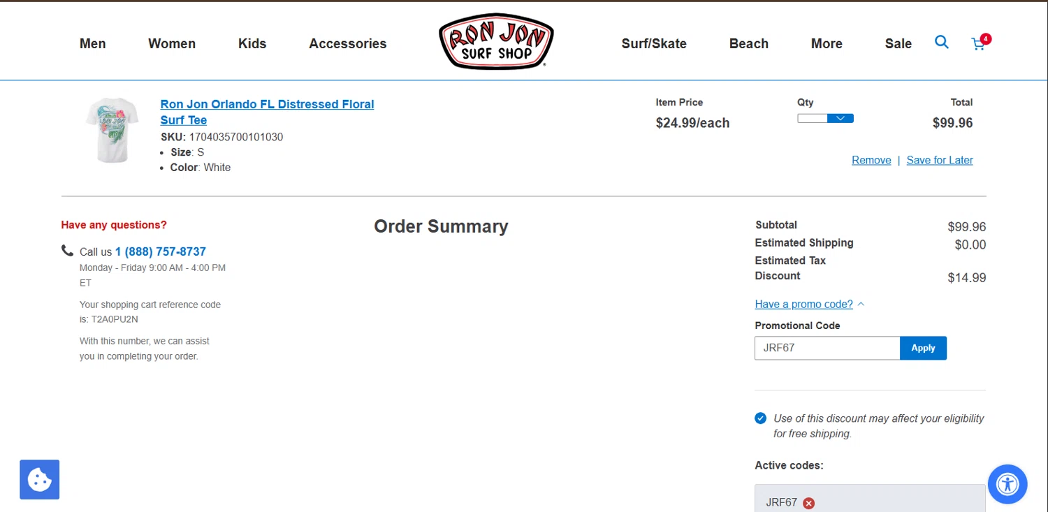 Ron Jon Surf Shop promo code screenshot showing code JRF67 applied at Ron Jon Surf Shop checkout page. Uploaded by SimplyCodes community member BrillianteMaestro892 on Sep 11, 2025