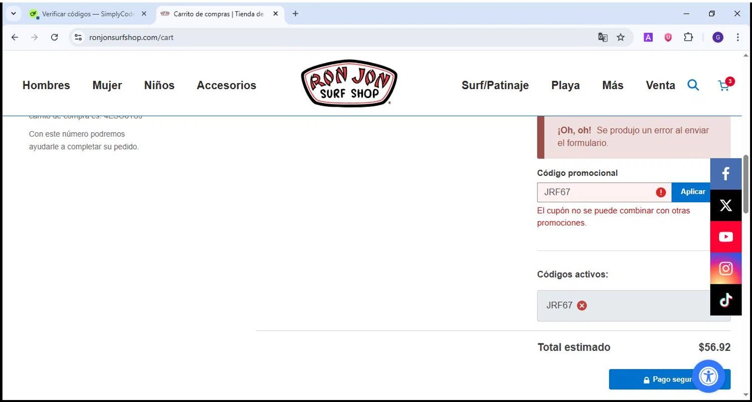 Ron Jon Surf Shop promo code screenshot showing code JRF67 applied at Ron Jon Surf Shop checkout page. Uploaded by SimplyCodes community member Theking on Jul 20, 2025