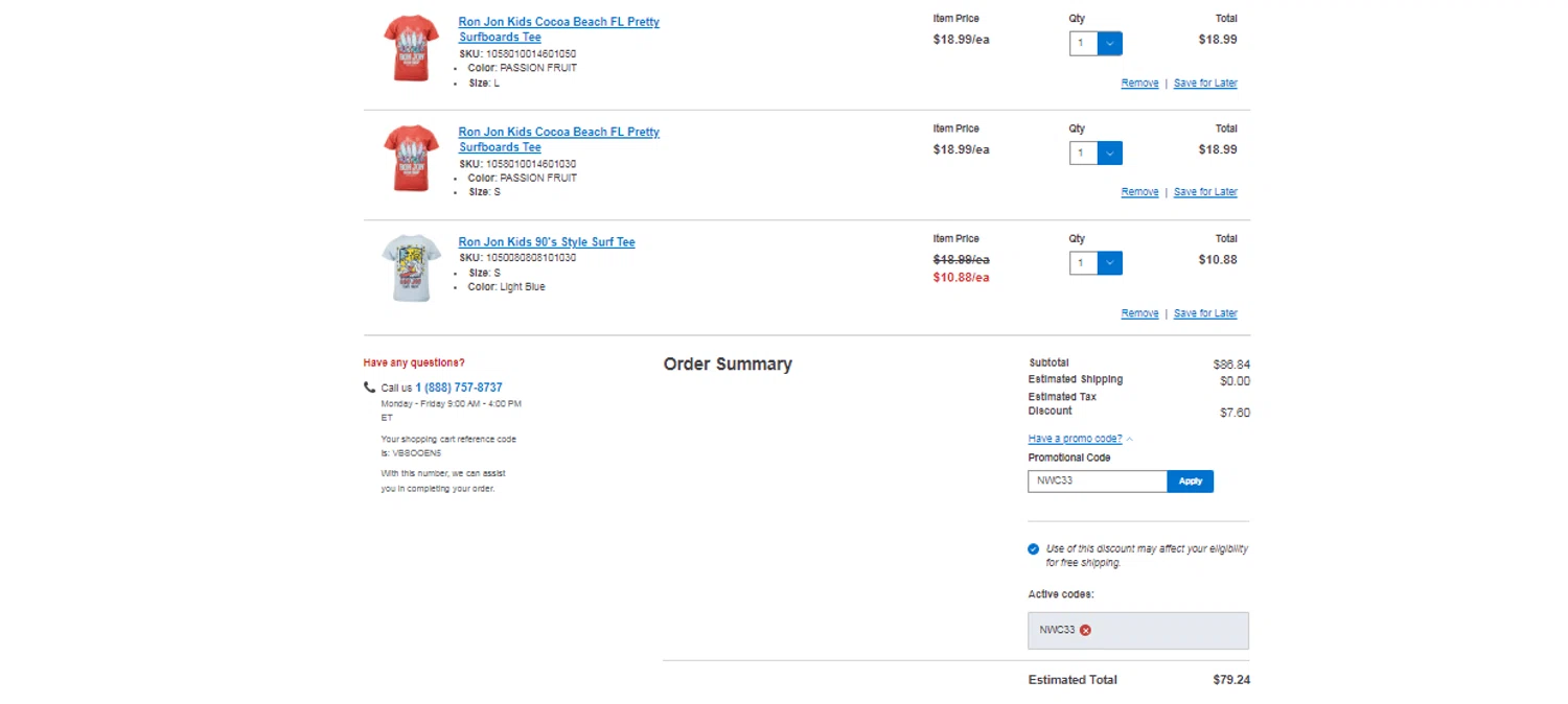 Ron Jon Surf Shop promo code screenshot showing code NWC33 applied at Ron Jon Surf Shop checkout page. Uploaded by SimplyCodes community member obito1234 on Sep 7, 2025