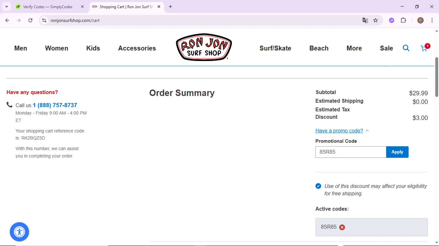Ron Jon Surf Shop promo code screenshot showing code 8SR85 applied at Ron Jon Surf Shop checkout page. Uploaded by SimplyCodes community member CashLion2660 on Jun 10, 2025