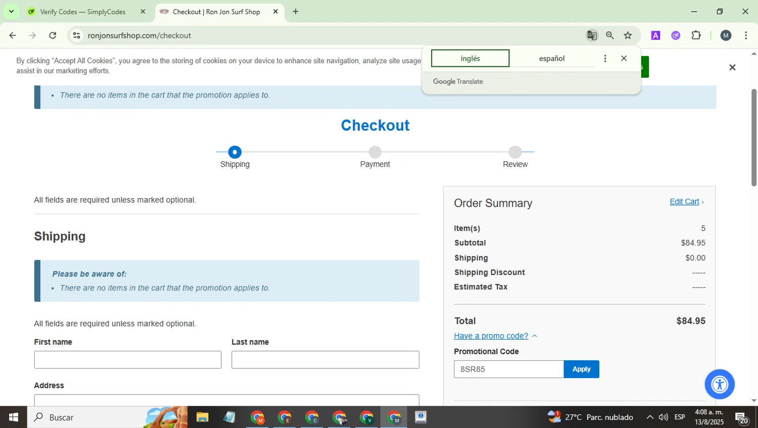 Ron Jon Surf Shop promo code screenshot showing code 8SR85 applied at Ron Jon Surf Shop checkout page. Uploaded by SimplyCodes community member EpicCaptain5837 on Aug 13, 2025