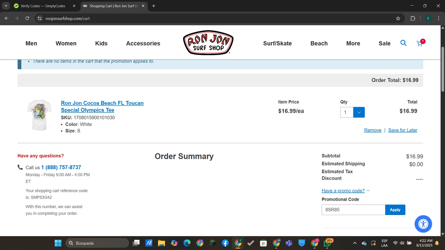 Ron Jon Surf Shop promo code screenshot showing code 8SR85 applied at Ron Jon Surf Shop checkout page. Uploaded by SimplyCodes community member neygoot on Aug 13, 2025