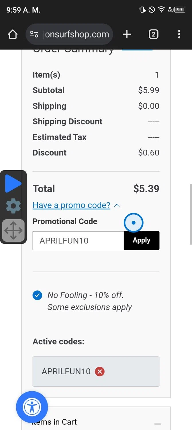 Ron Jon Surf Shop promo code screenshot showing code APRILFUN10 applied at Ron Jon Surf Shop checkout page. Uploaded by SimplyCodes community member Manguito_Chambeador on Apr 1, 2025