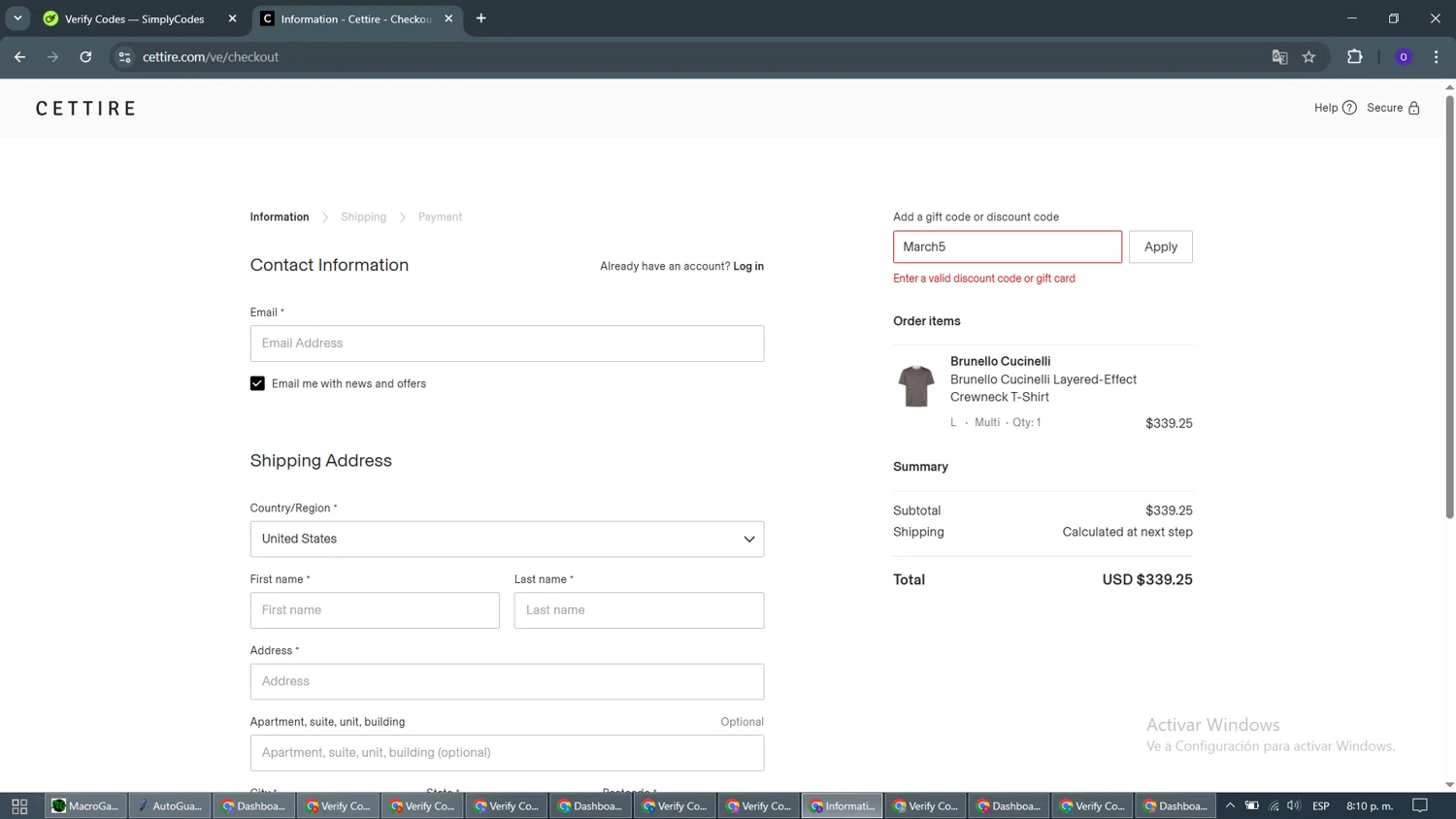 Ron Jon Surf Shop promo code screenshot showing code APRILFUN10 applied at Ron Jon Surf Shop checkout page. Uploaded by SimplyCodes community member QuestMaven2378 on Apr 1, 2025