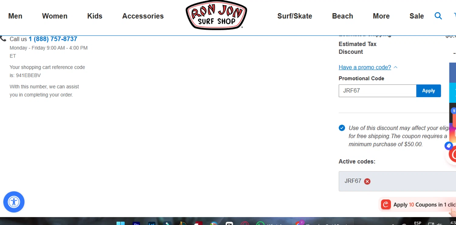 Ron Jon Surf Shop promo code screenshot showing code JRF67 applied at Ron Jon Surf Shop checkout page. Uploaded by SimplyCodes community member ashe1986 on May 23, 2025