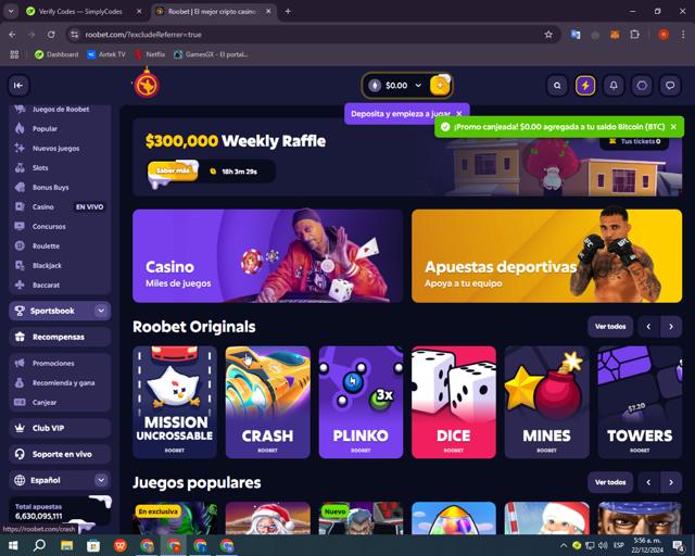 Roobet checkout page showing Roobet promo code box | Screenshot taken by SimplyCodes community member on Dec 22, 2024