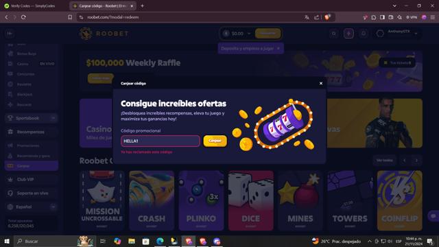 Roobet checkout page showing Roobet promo code box | Screenshot taken by SimplyCodes community member on Nov 22, 2024