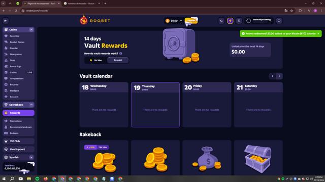 Roobet checkout page showing Roobet promo code box | Screenshot taken by SimplyCodes community member on Dec 19, 2024