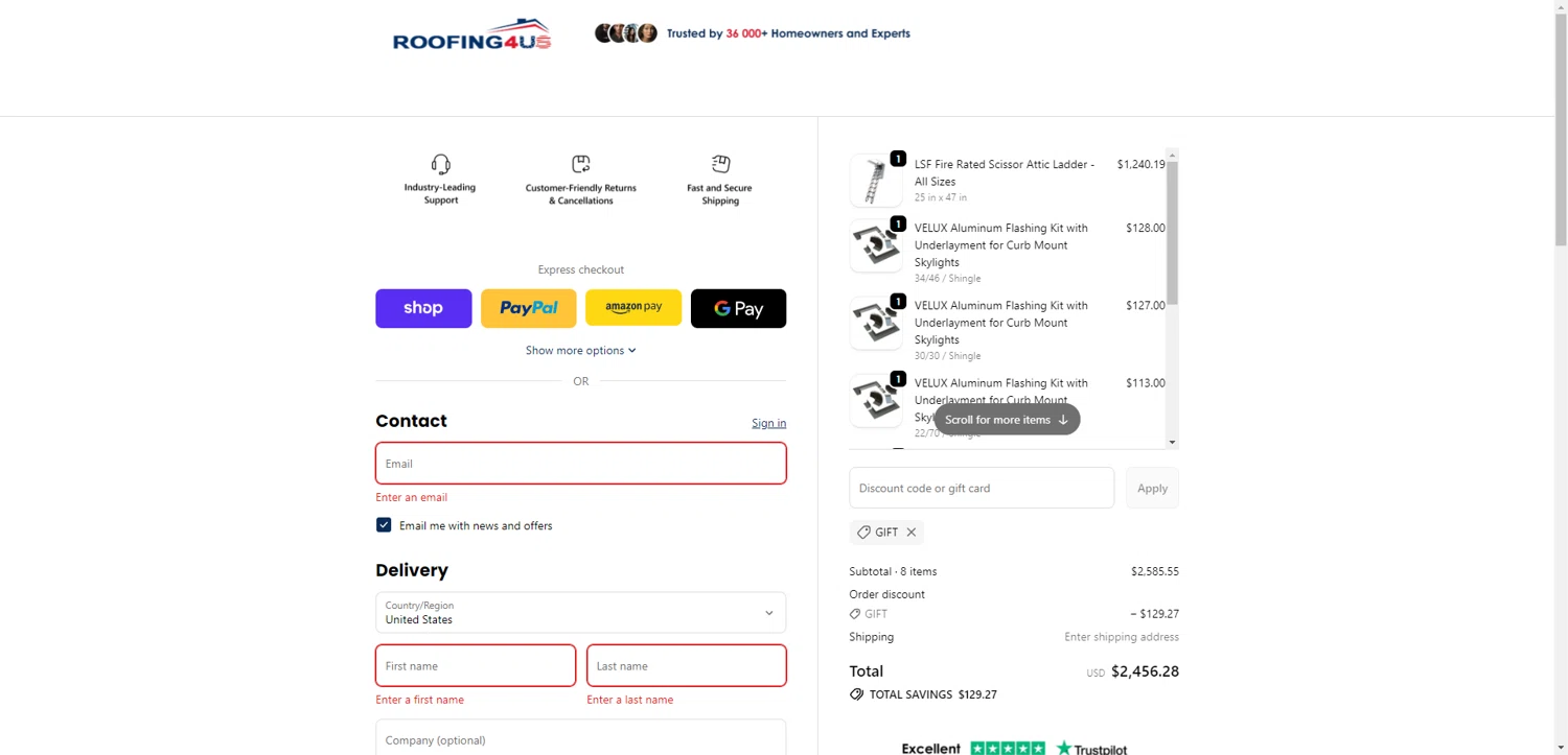 Roofing4US checkout page showing Roofing4US promo code box | Screenshot taken by SimplyCodes community member on Jan 2, 2026