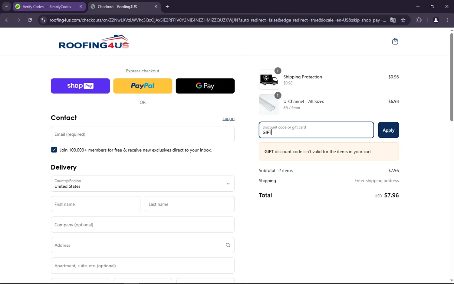 Roofing4US promo code screenshot showing code GIFT applied at Roofing4US checkout page. Uploaded by SimplyCodes community member Hanamichi on Mar 25, 2025