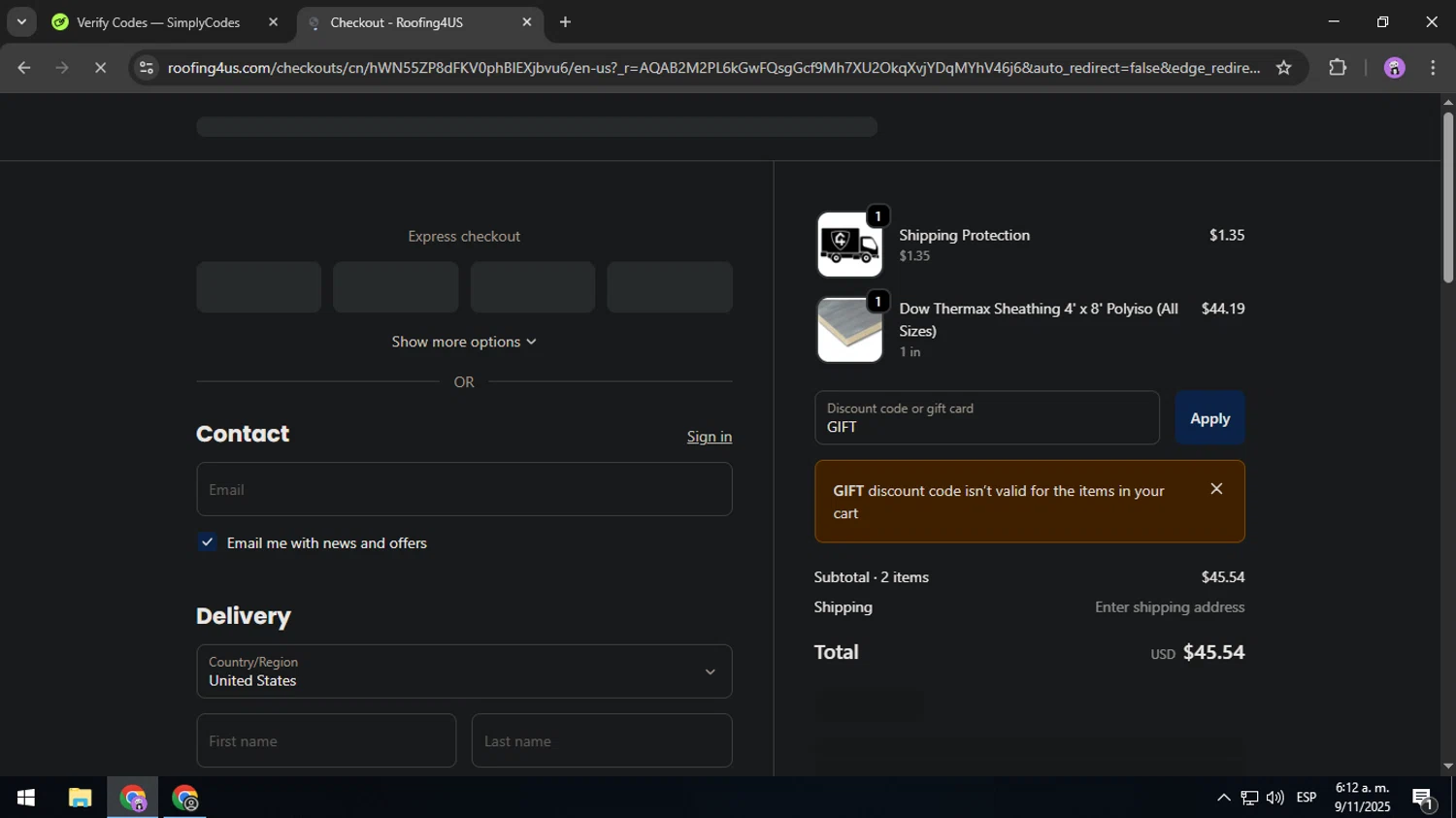Roofing4US promo code screenshot showing code GIFT applied at Roofing4US checkout page. Uploaded by SimplyCodes community member USERR1 on Nov 9, 2025