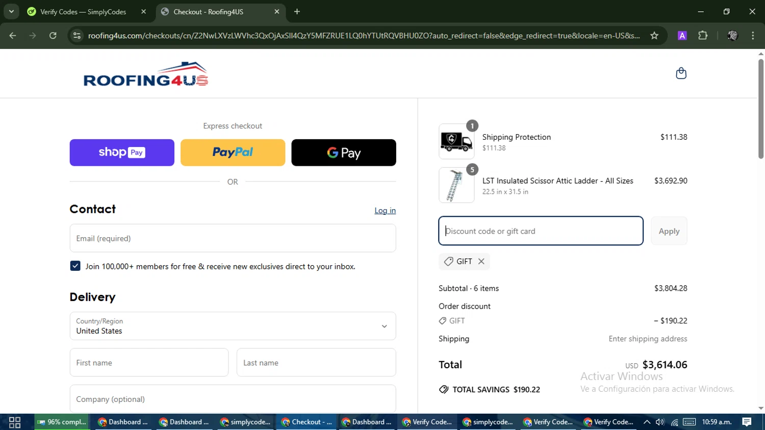 Roofing4US promo code screenshot showing code GIFT applied at Roofing4US checkout page. Uploaded by SimplyCodes community member PrimeKnight6101 on Apr 7, 2025