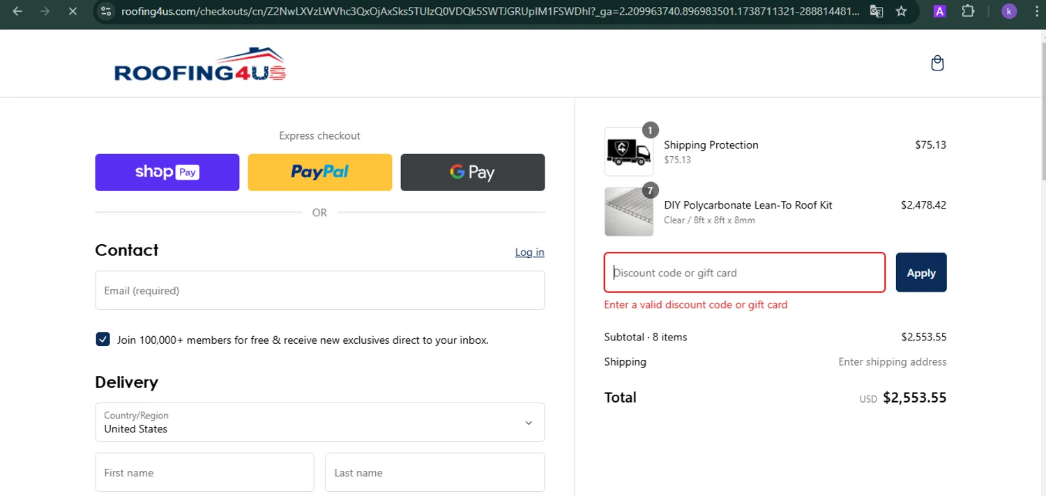 Roofing4US promo code screenshot showing code 5WJ2PP655R applied at Roofing4US checkout page. Uploaded by SimplyCodes community member SwiftLynx6587 on Feb 4, 2025