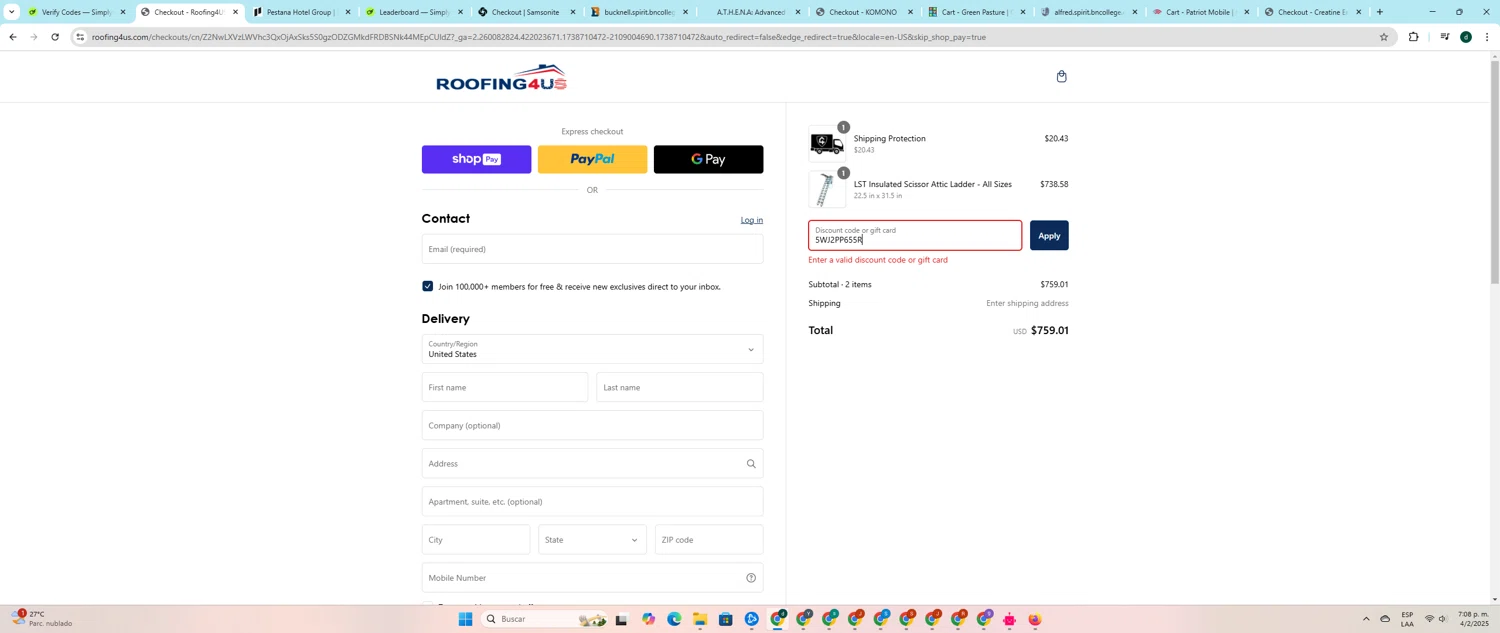 Roofing4US promo code screenshot showing code 5WJ2PP655R applied at Roofing4US checkout page. Uploaded by SimplyCodes community member darlisiglesias on Feb 4, 2025