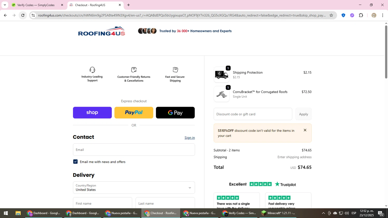 Roofing4US promo code screenshot showing code S510%OFF applied at Roofing4US checkout page. Uploaded by SimplyCodes community member NobleScholar4826 on Dec 23, 2025
