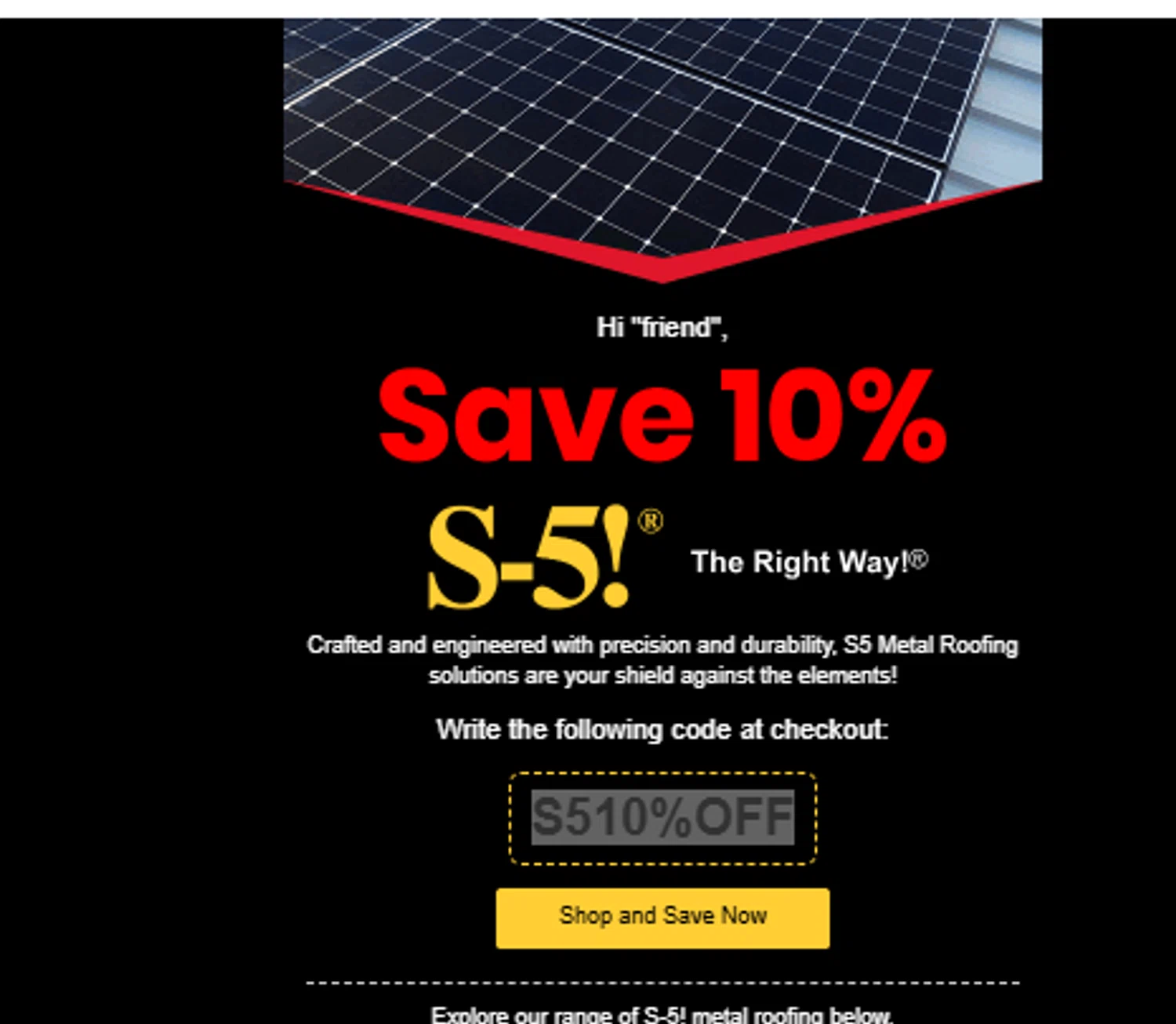 Roofing4US promo code screenshot showing code S510%OFF applied at Roofing4US checkout page. Uploaded by SimplyCodes community member Jhonny on Jul 29, 2025