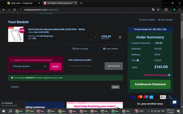Roofing Superstore checkout page showing Roofing Superstore discount code box | Screenshot taken by SimplyCodes community member on Jan 7, 2025
