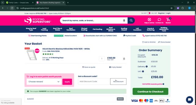 Roofing Superstore checkout page showing Roofing Superstore discount code box | Screenshot taken by SimplyCodes community member on May 14, 2025