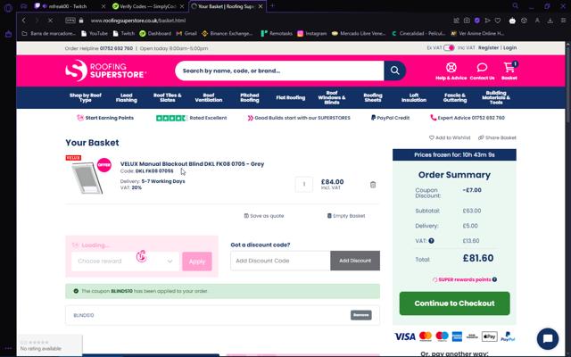 Roofing Superstore checkout page showing Roofing Superstore discount code box | Screenshot taken by SimplyCodes community member on Jan 16, 2025