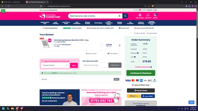 Roofing Superstore checkout page showing Roofing Superstore discount code box | Screenshot taken by SimplyCodes community member on Apr 26, 2025