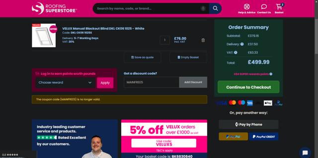 Roofing Superstore checkout page showing Roofing Superstore discount code box | Screenshot taken by SimplyCodes community member on Feb 27, 2025