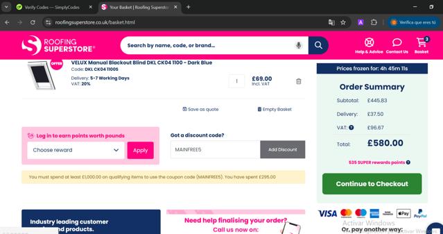 Roofing Superstore checkout page showing Roofing Superstore discount code box | Screenshot taken by SimplyCodes community member on Jan 29, 2025