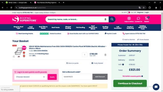 Roofing Superstore checkout page showing Roofing Superstore discount code box | Screenshot taken by SimplyCodes community member on Jan 14, 2025