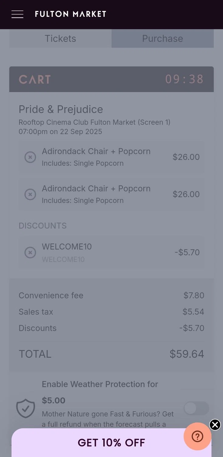 Rooftop Cinema Club promo code screenshot showing code WELCOME10 applied at Rooftop Cinema Club checkout page. Uploaded by SimplyCodes community member FrugalVirtuoso6318 on Sep 22, 2025