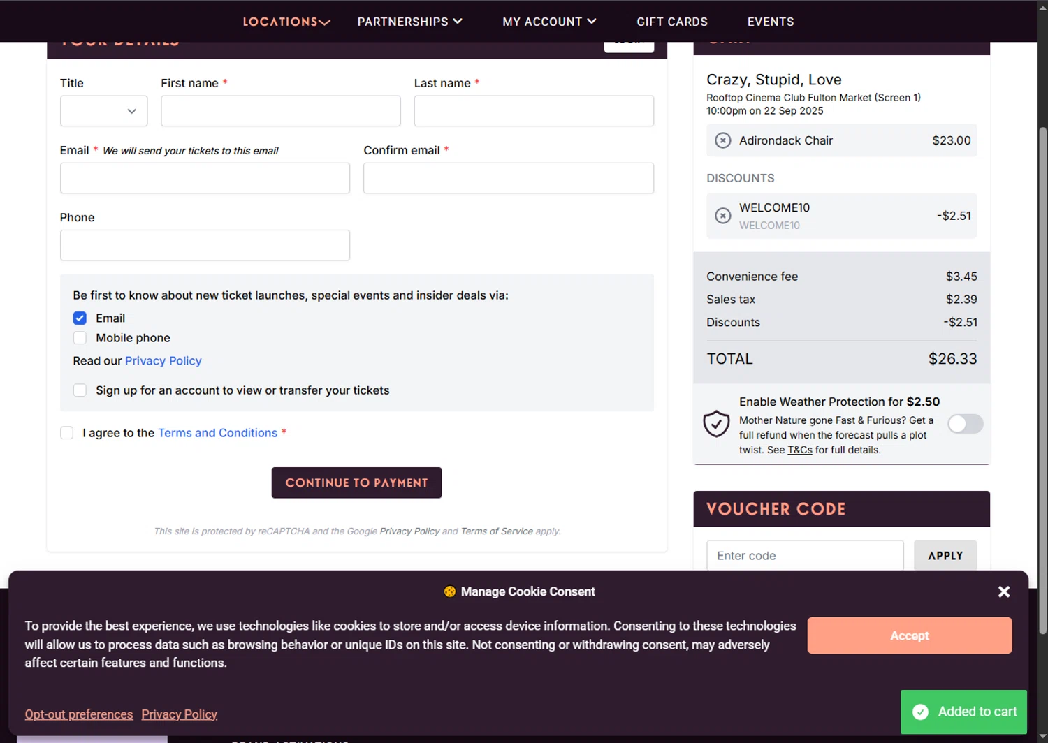 Rooftop Cinema Club promo code screenshot showing code WELCOME10 applied at Rooftop Cinema Club checkout page. Uploaded by SimplyCodes community member SalePhoenix2220 on Sep 22, 2025