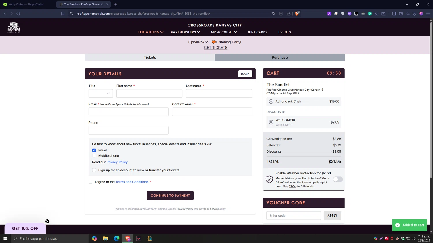 Rooftop Cinema Club promo code screenshot showing code WELCOME10 applied at Rooftop Cinema Club checkout page. Uploaded by SimplyCodes community member Tragedy on Sep 22, 2025